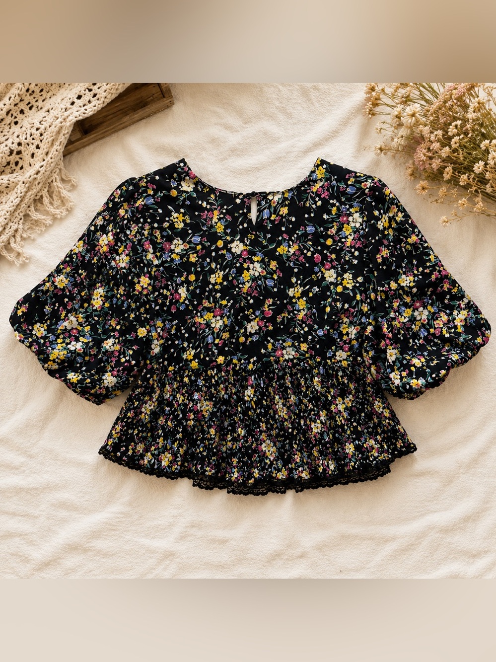 CODE X MODE Floral Satin Peplum Blouse | Cottagecore Puff Sleeve Top | Romantic